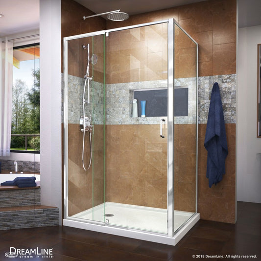 Flex Semi-Frameless Pivot Shower Door Kit with Return Panel for Corner Enclosure and White Shower Base Pan and Left Drain