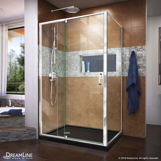 Flex Semi-Frameless Pivot Shower Door Kit with Return Panel for Corner Enclosure and Black Shower Base Pan and Left Drain