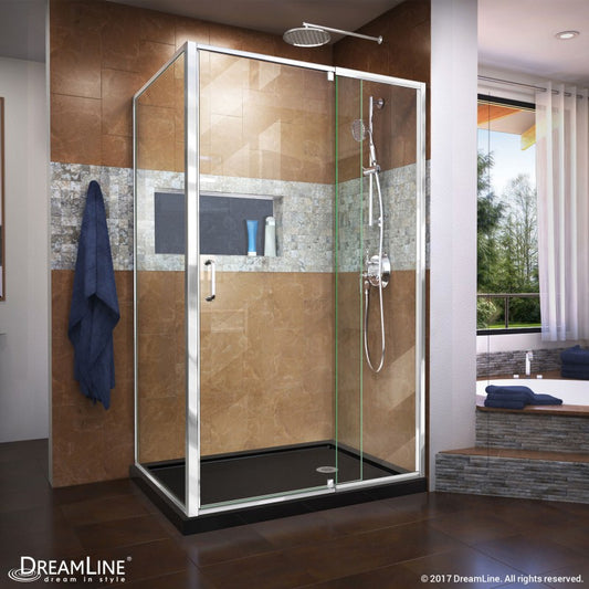Flex Semi-Frameless Pivot Shower Door Kit with Return Panel for Corner Enclosure and Black Shower Base Pan and Right Drain
