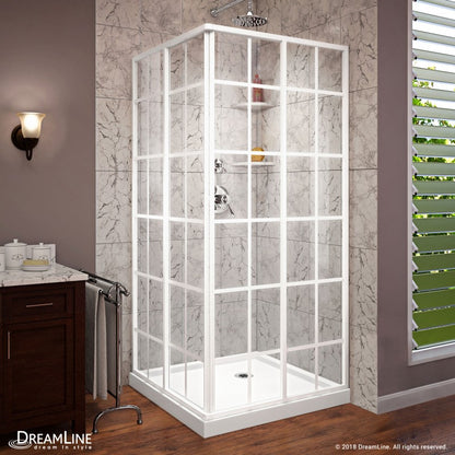 French Corner Enclosure Center Sliding Shower Door Kit with White Shower Base Pan