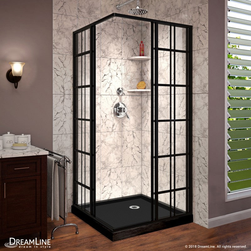 French Corner Enclosure Center Sliding Shower Door Kit with Black Shower Base Pan