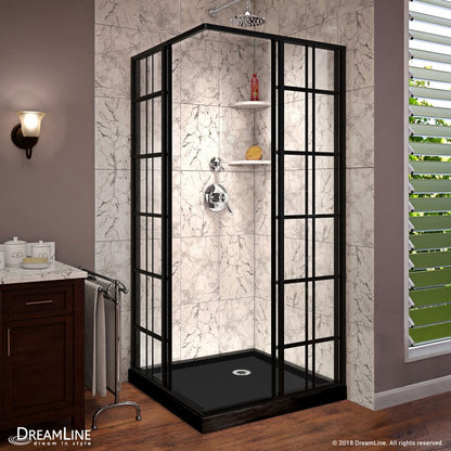 French Corner Enclosure Center Sliding Shower Door Kit with Black Shower Base Pan