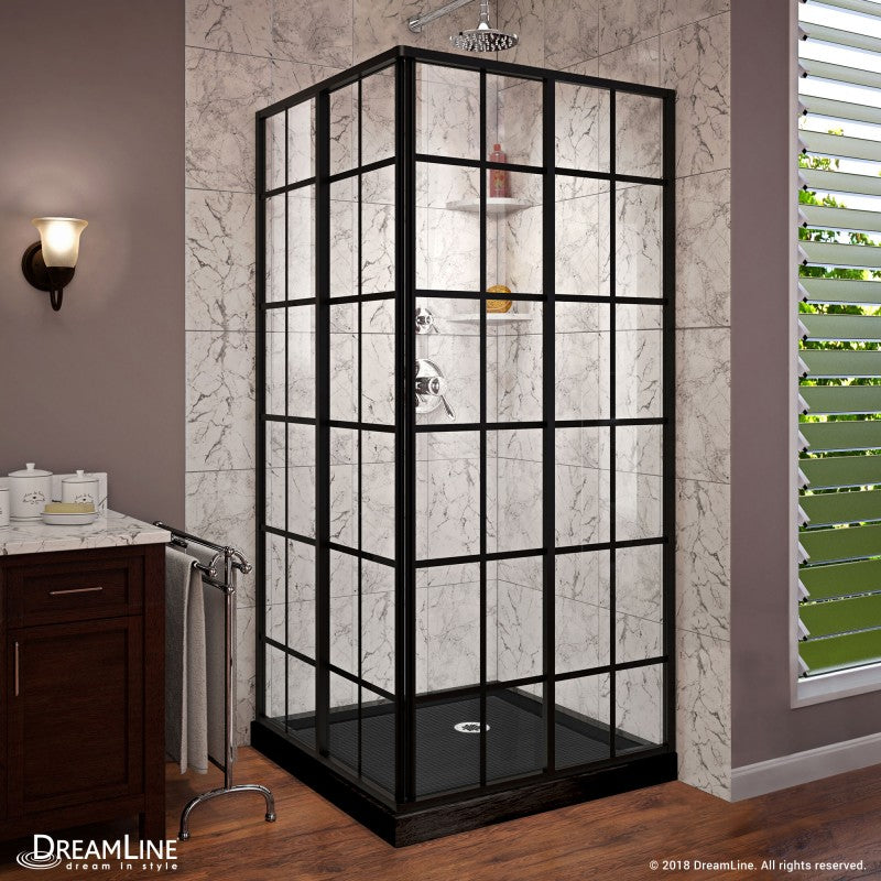 French Corner Enclosure Center Sliding Shower Door Kit with Black Shower Base Pan