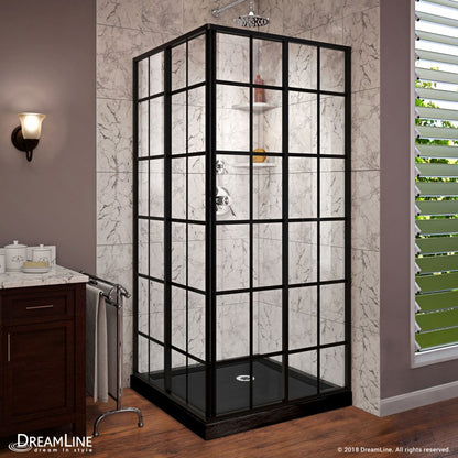 French Corner Enclosure Center Sliding Shower Door Kit with Black Shower Base Pan