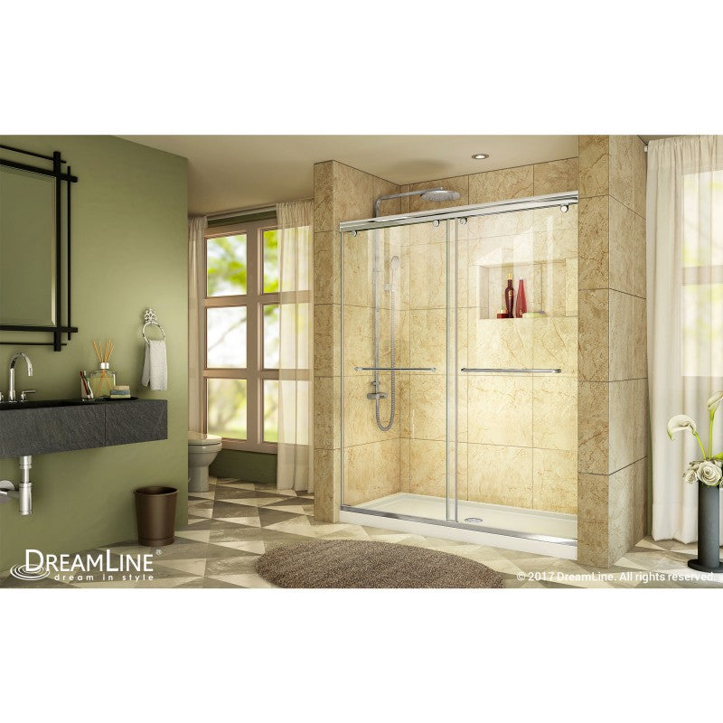 Charisma Frameless Double Sliding Shower Door Kit with White Shower Base Pan and Center Drain