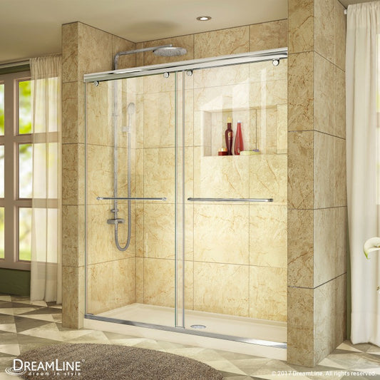 Charisma Frameless Double Sliding Shower Door Kit with Biscuit Shower Base Pan and Center Drain
