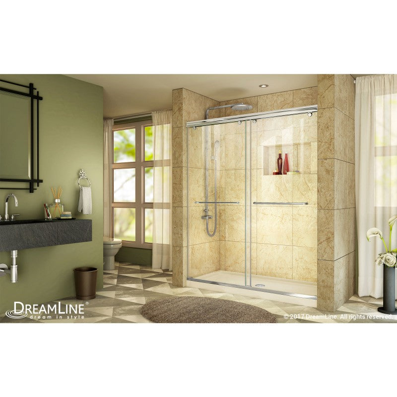 Charisma Frameless Double Sliding Shower Door Kit with Biscuit Shower Base Pan and Center Drain