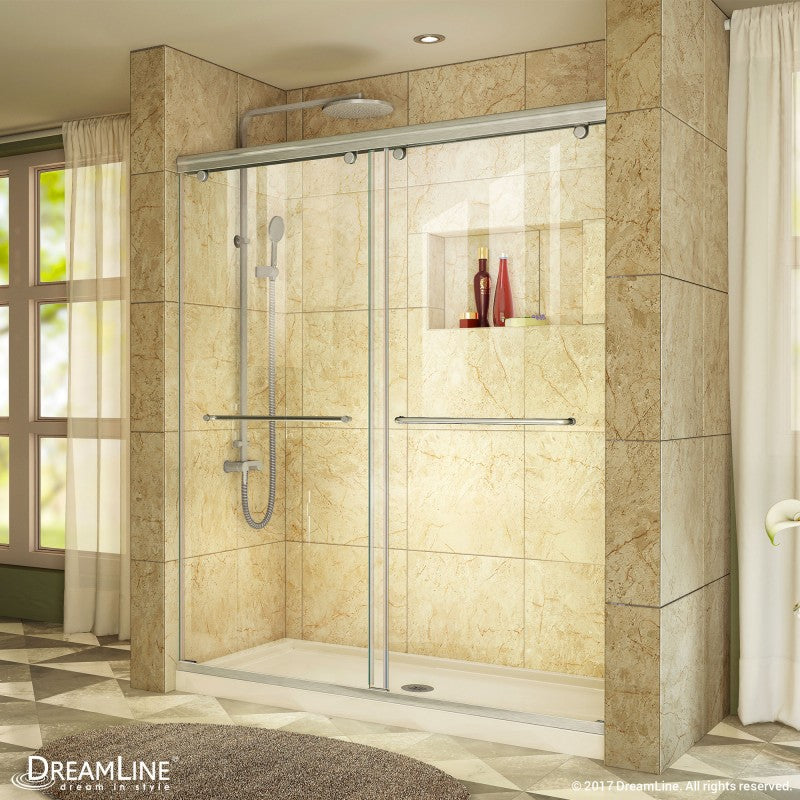 Charisma Frameless Double Sliding Shower Door Kit with Biscuit Shower Base Pan and Center Drain