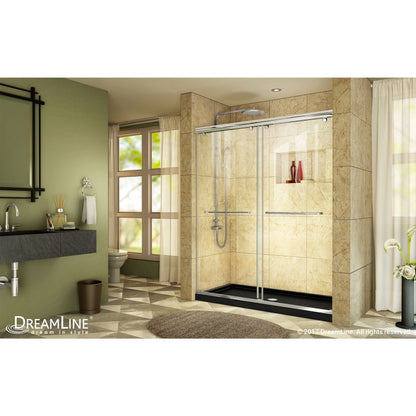 Charisma Frameless Double Sliding Shower Door Kit with Black Shower Base Pan and Center Drain