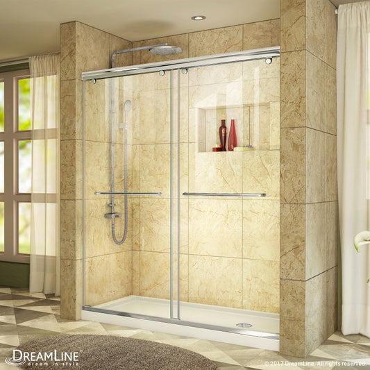 Charisma Frameless Double Sliding Shower Door Kit with White Shower Base Pan and Right Drain