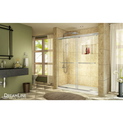 Charisma Frameless Double Sliding Shower Door Kit with White Shower Base Pan and Right Drain