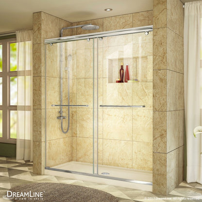 Charisma Frameless Double Sliding Shower Door Kit with Biscuit Shower Base Pan and Center Drain