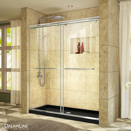 Charisma Frameless Double Sliding Shower Door Kit with Black Shower Base Pan and Center Drain