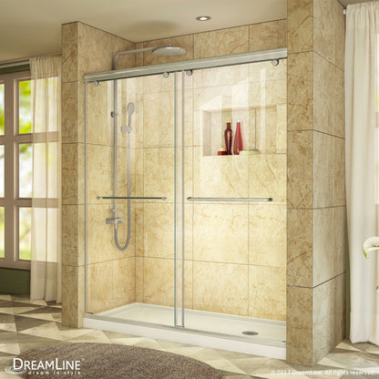 Charisma Frameless Double Sliding Shower Door Kit with White Shower Base Pan and Right Drain