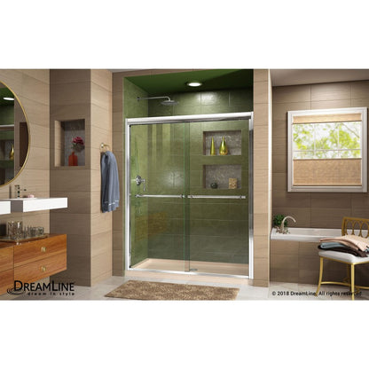 Duet Semi-Frameless Double Sliding Shower Door Kit with Biscuit Shower Base Pan and Center Drain