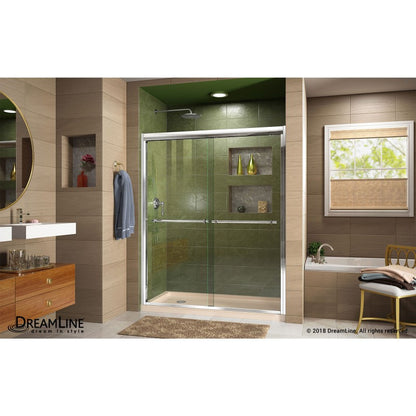 Duet Semi-Frameless Double Sliding Shower Door Kit with Biscuit Shower Base Pan and Left Drain