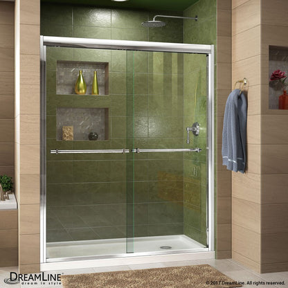 Duet Semi-Frameless Double Sliding Shower Door Kit with White Shower Base Pan and Right Drain