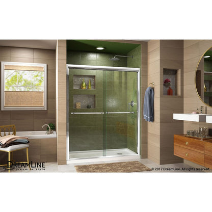 Duet Semi-Frameless Double Sliding Shower Door Kit with White Shower Base Pan and Right Drain