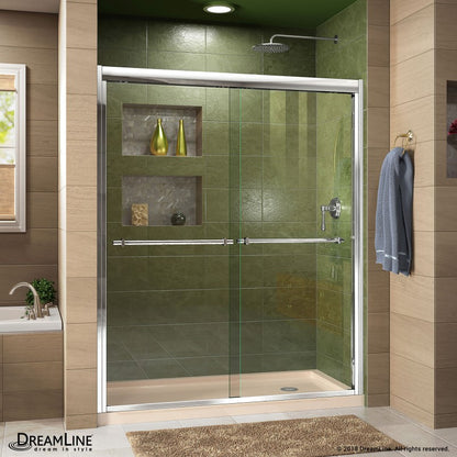 Duet Semi-Frameless Double Sliding Shower Door Kit with Biscuit Shower Base Pan and Right Drain