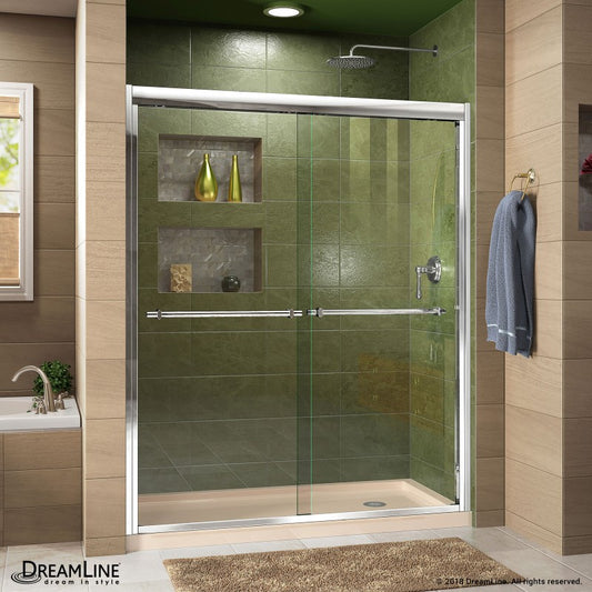Duet Semi-Frameless Double Sliding Shower Door Kit with Biscuit Shower Base Pan and Right Drain