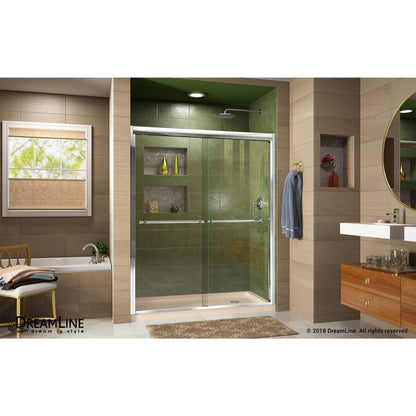 Duet Semi-Frameless Double Sliding Shower Door Kit with Biscuit Shower Base Pan and Right Drain