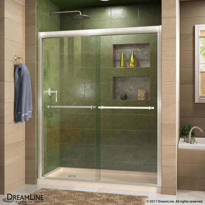 Duet Semi-Frameless Double Sliding Shower Door Kit with Biscuit Shower Base Pan and Left Drain