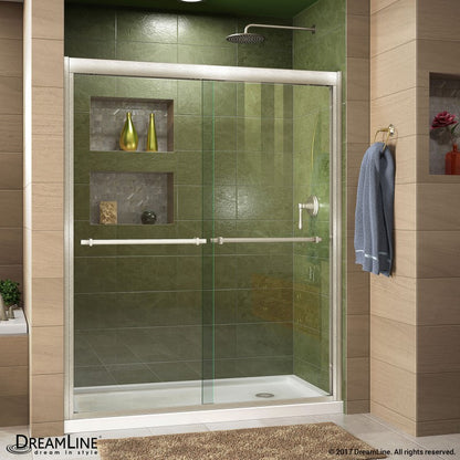 Duet Semi-Frameless Double Sliding Shower Door Kit with White Shower Base Pan and Right Drain