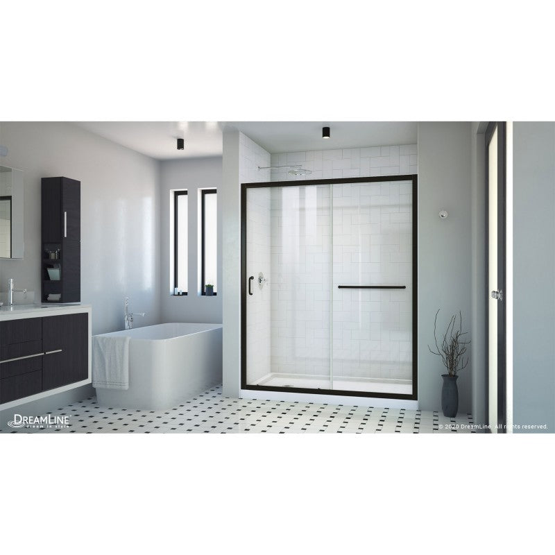 Infinity-Z Semi-Frameless Single Sliding Shower Door Kit with White Shower Base Pan and Left Drain