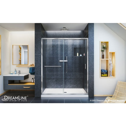 Infinity-Z Semi-Frameless Single Sliding Shower Door Kit with White Shower Base Pan and Center Drain