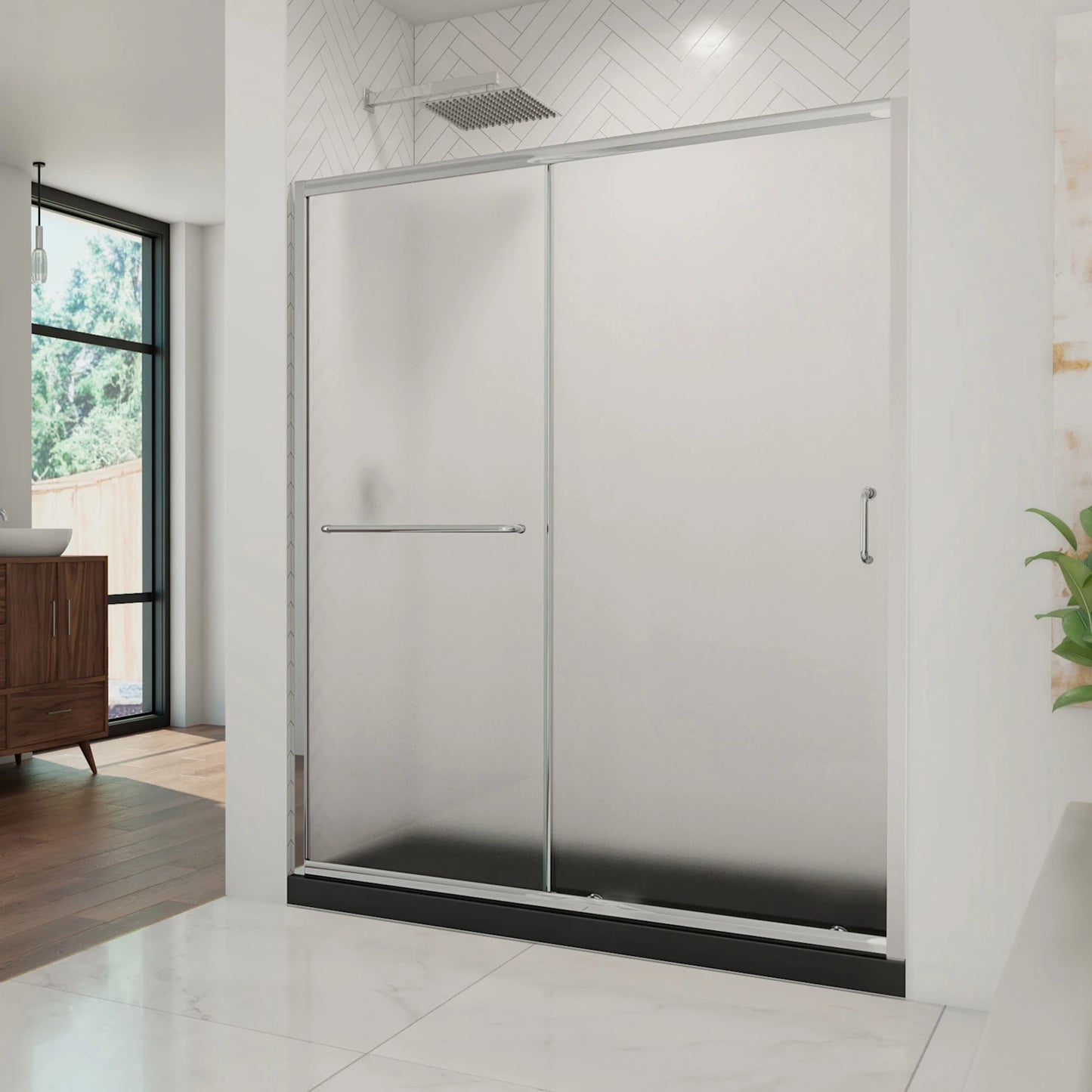 Infinity-Z Semi-Frameless Single Sliding Shower Door Kit with Black Shower Base Pan and Center Drain