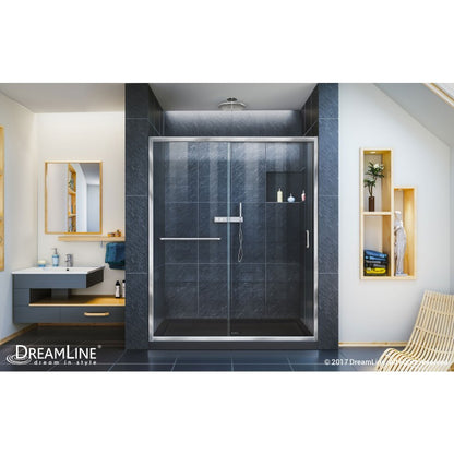 Infinity-Z Semi-Frameless Single Sliding Shower Door Kit with Black Shower Base Pan and Center Drain