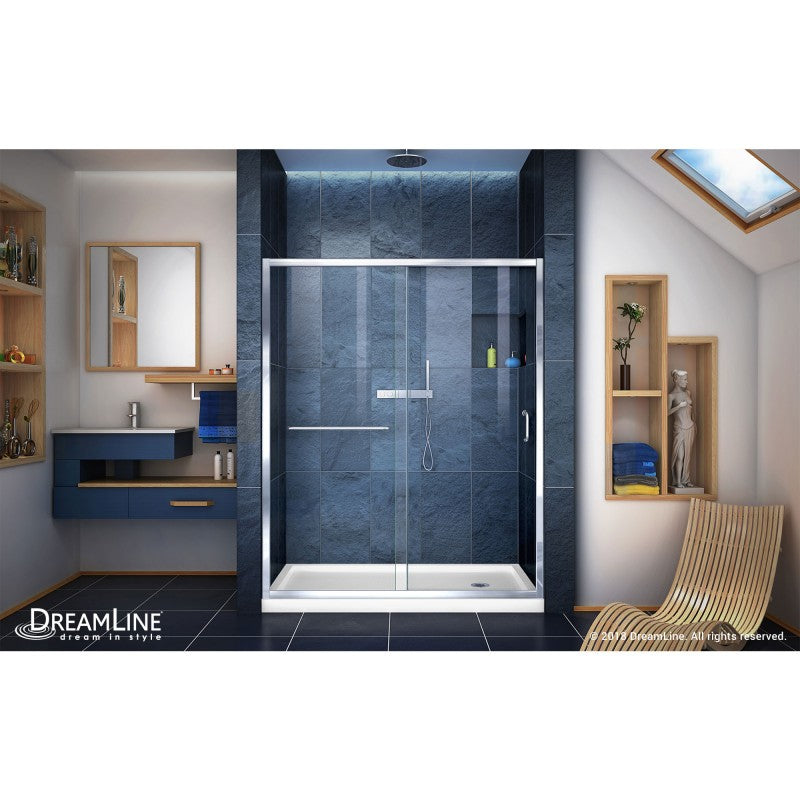 Infinity-Z Semi-Frameless Single Sliding Shower Door Kit with White Shower Base Pan and Right Drain