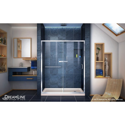 Infinity-Z Semi-Frameless Single Sliding Shower Door Kit with Biscuit Shower Base Pan and Right Drain