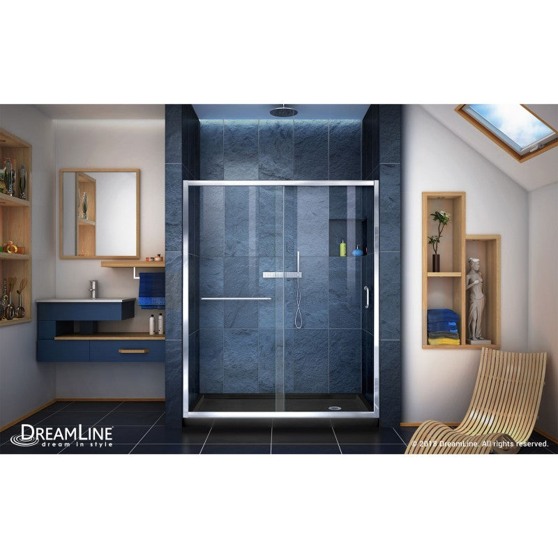 Infinity-Z Semi-Frameless Single Sliding Shower Door Kit with Black Shower Base Pan and Right Drain