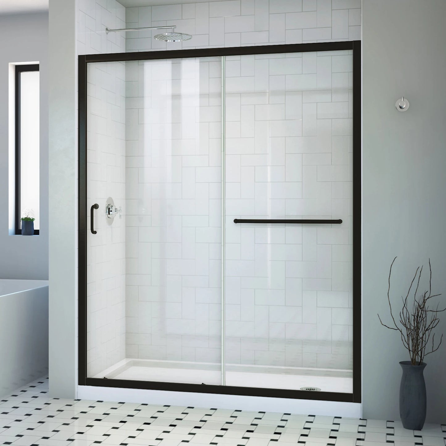 Infinity-Z Semi-Frameless Single Sliding Shower Door Kit with White Shower Base Pan and Right Drain