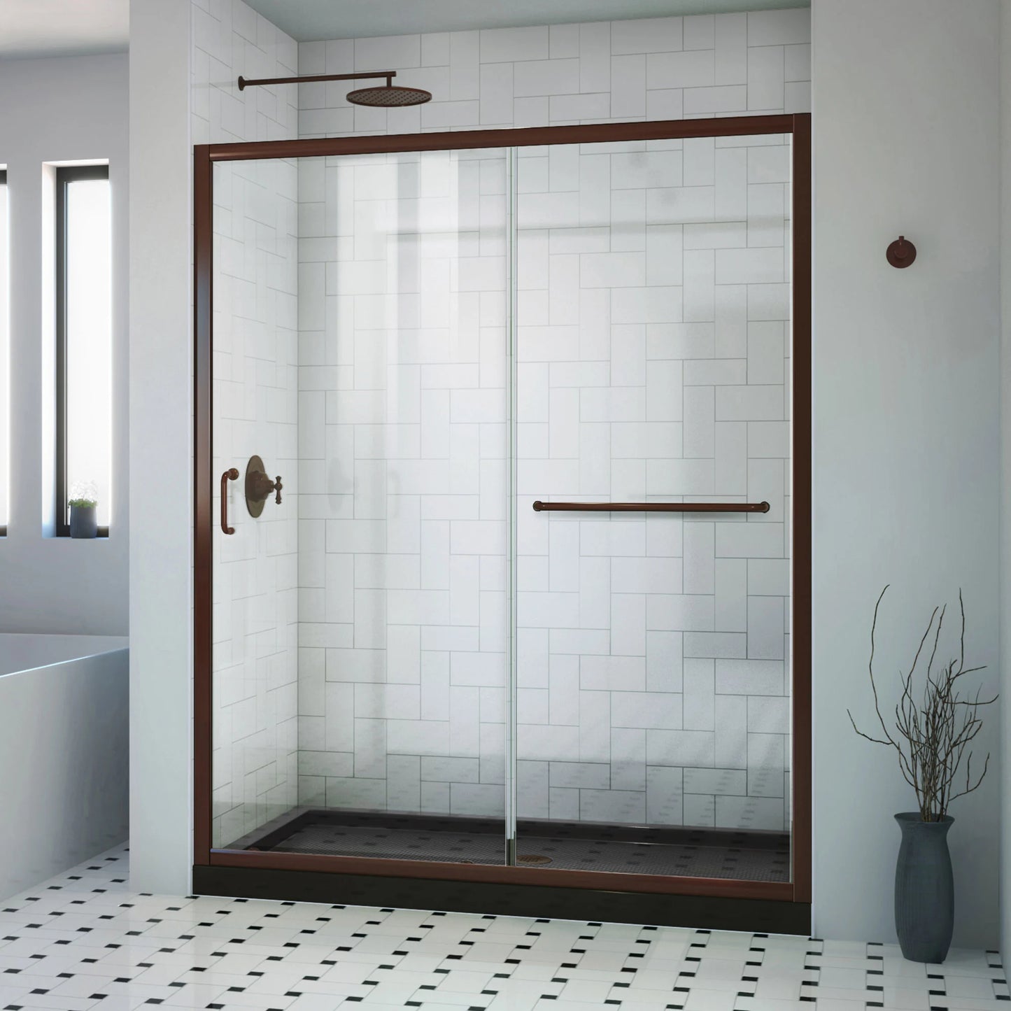 Infinity-Z Semi-Frameless Single Sliding Shower Door Kit with Black Shower Base Pan and Center Drain