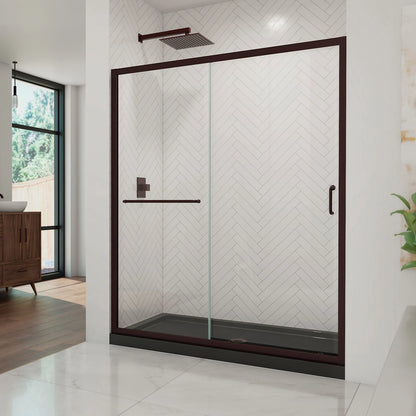 Infinity-Z Semi-Frameless Single Sliding Shower Door Kit with Black Shower Base Pan and Center Drain