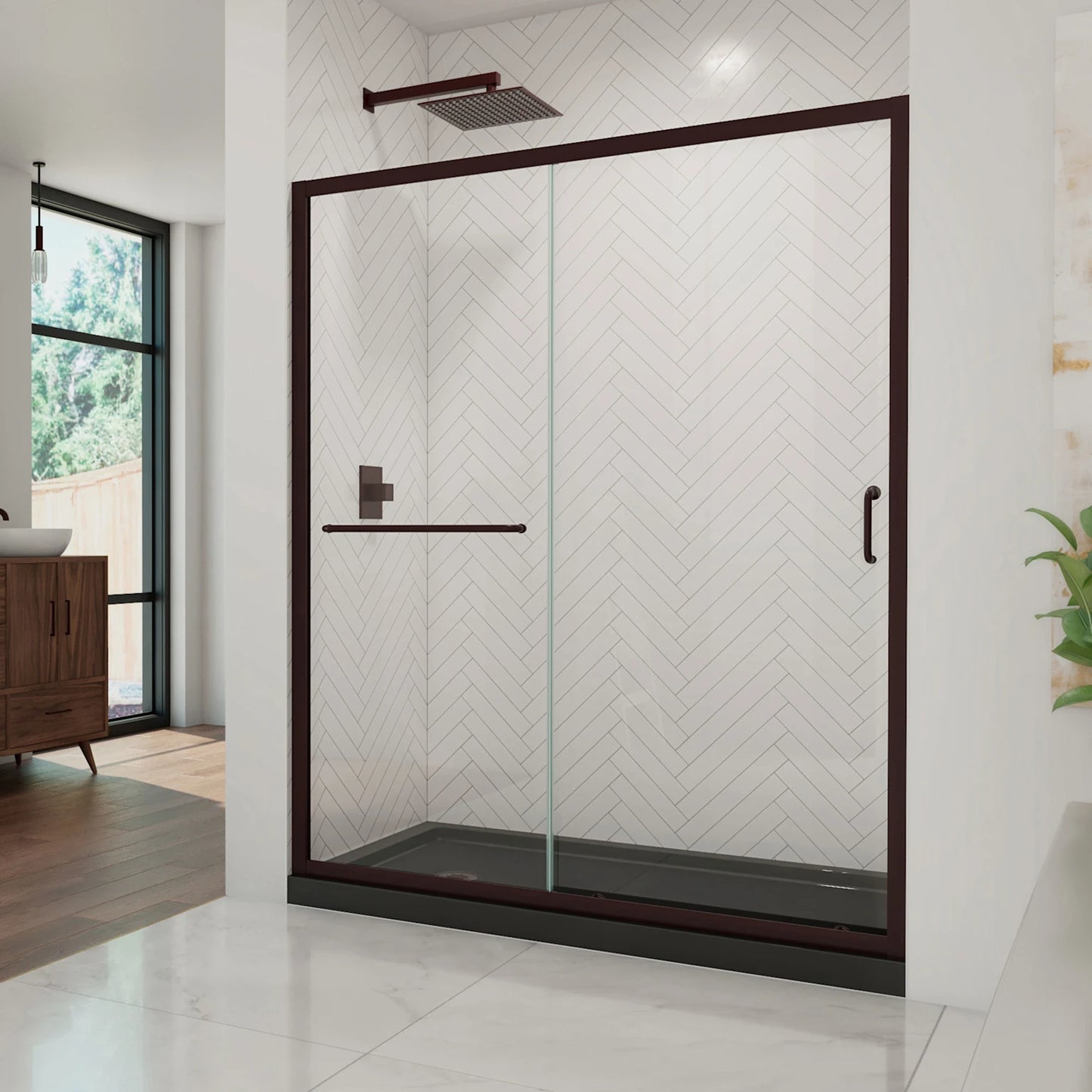 Infinity-Z Semi-Frameless Single Sliding Shower Door Kit with Black Shower Base Pan and Left Drain