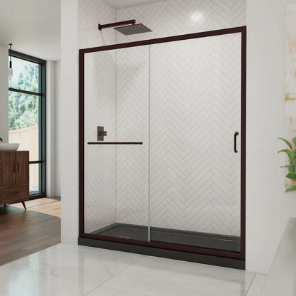 Infinity-Z Semi-Frameless Single Sliding Shower Door Kit with Black Shower Base Pan and Left Drain