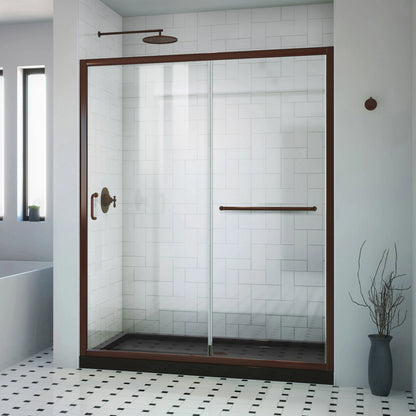 Infinity-Z Semi-Frameless Single Sliding Shower Door Kit with Black Shower Base Pan and Center Drain