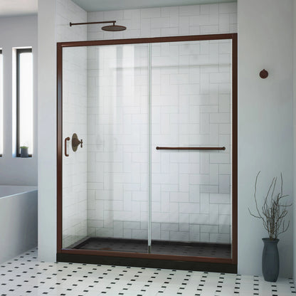 Infinity-Z Semi-Frameless Single Sliding Shower Door Kit with Black Shower Base Pan and Left Drain