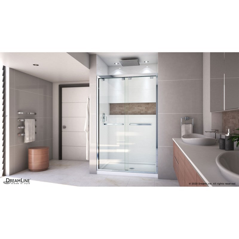 Encore Semi-Frameless Double Sliding Shower Door Kit with White Shower Base Pan and Center Drain