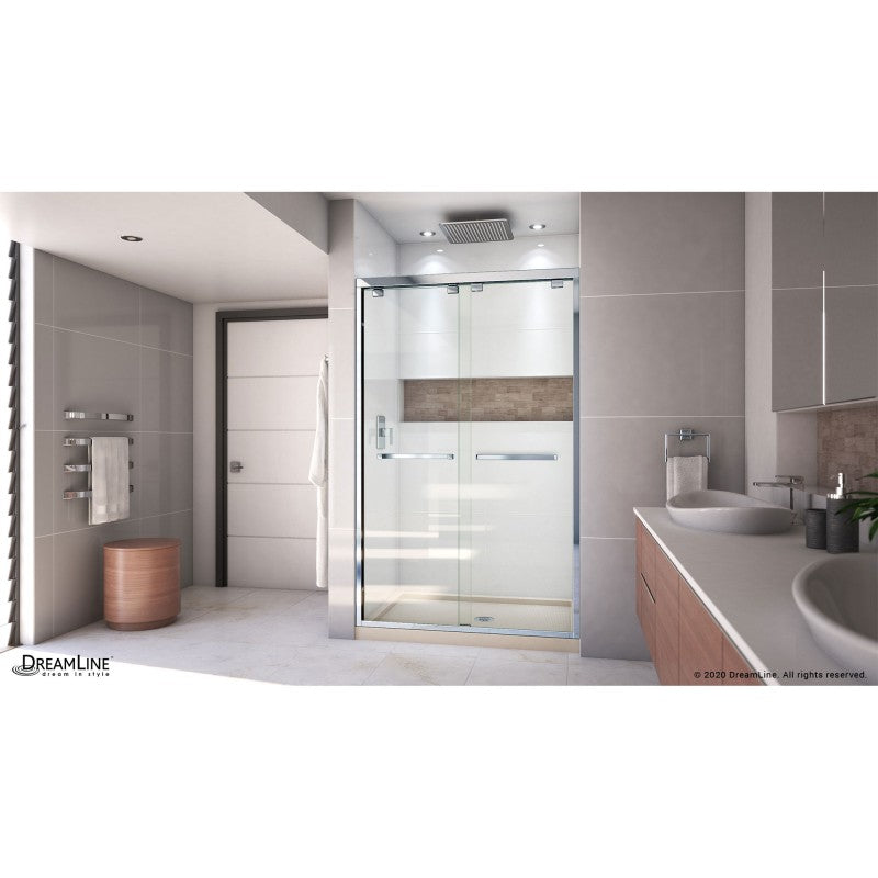 Encore Semi-Frameless Double Sliding Shower Door Kit with Biscuit Shower Base Pan and Center Drain