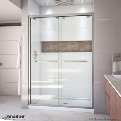 Encore Semi-Frameless Double Sliding Shower Door Kit with White Shower Base Pan and Center Drain