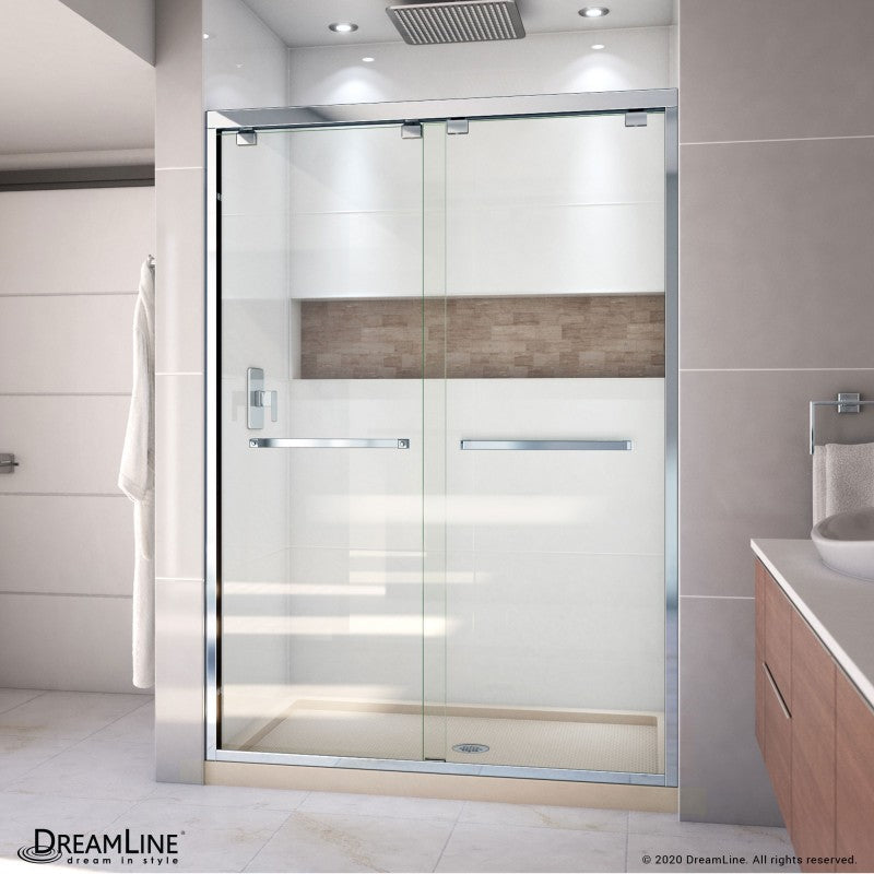 Encore Semi-Frameless Double Sliding Shower Door Kit with Biscuit Shower Base Pan and Center Drain