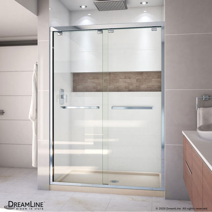 Encore Semi-Frameless Double Sliding Shower Door Kit with Biscuit Shower Base Pan and Center Drain