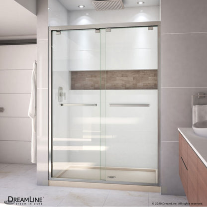 Encore Semi-Frameless Double Sliding Shower Door Kit with Biscuit Shower Base Pan and Center Drain