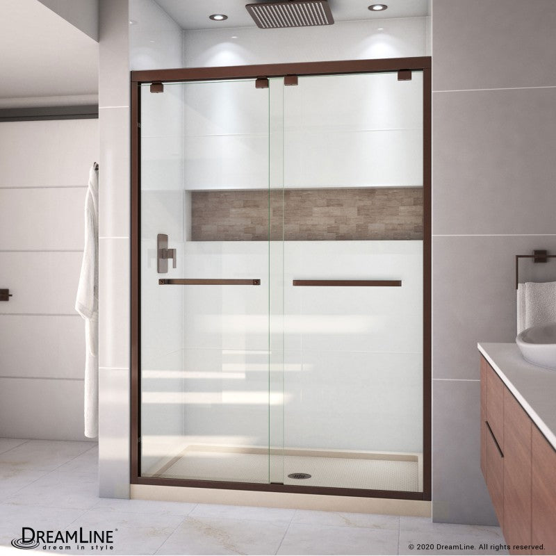 Encore Semi-Frameless Double Sliding Shower Door Kit with Biscuit Shower Base Pan and Center Drain