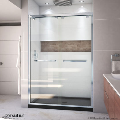 Encore Semi-Frameless Double Sliding Shower Door Kit with Black Shower Base Pan and Center Drain