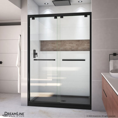 Encore Semi-Frameless Double Sliding Shower Door Kit with Black Shower Base Pan and Center Drain